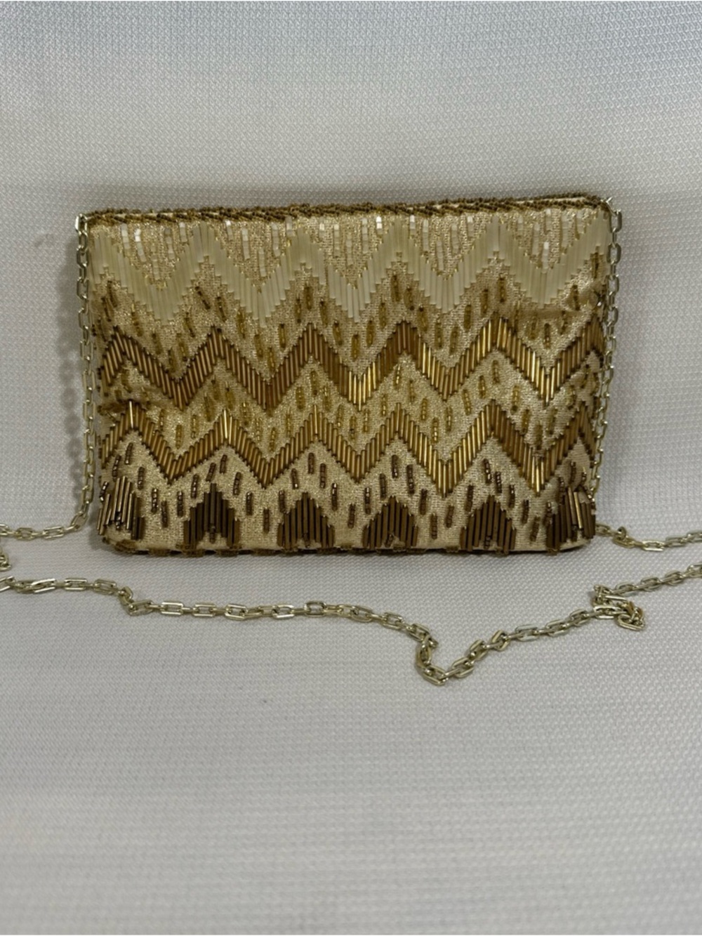 Gold Chevron Beaded Mini Crossbody Bag with Chain Strap
